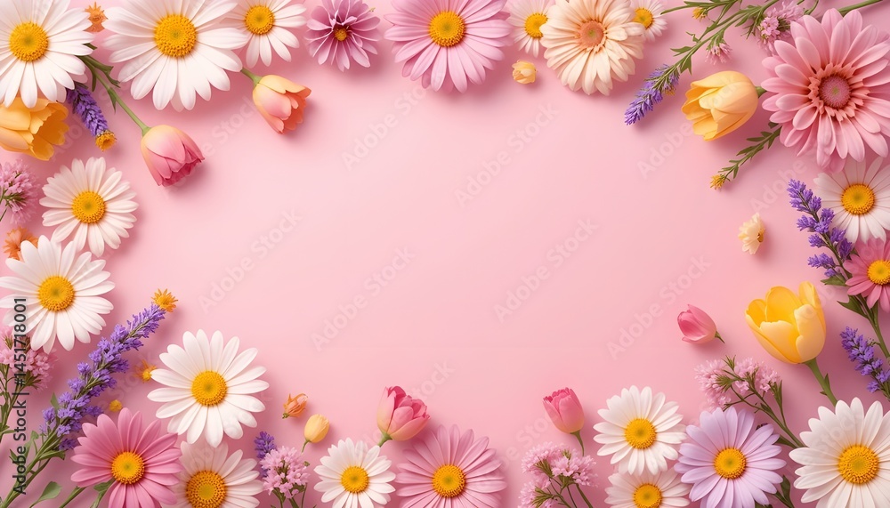 Pastel Floral Flatlay with Daisies and Tulips on Gradient Background – Modern Mother’s Day Vector Design Pastel Floral Flatlay with Daisies and Tulips on Gradient Background – Modern Mother’s Day Vector Design