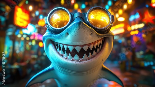 Smiling shark with goggles in a vibrant night setting
