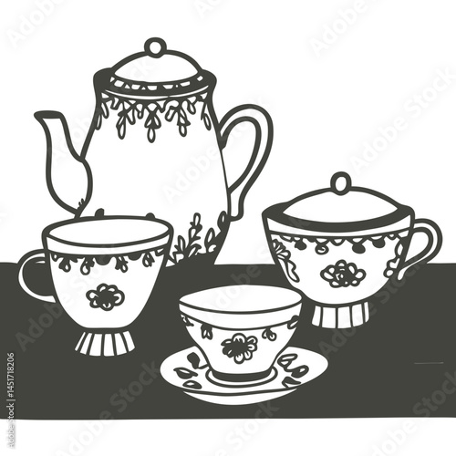 Vintage tea set illustration with floral designs against a flat surface  
