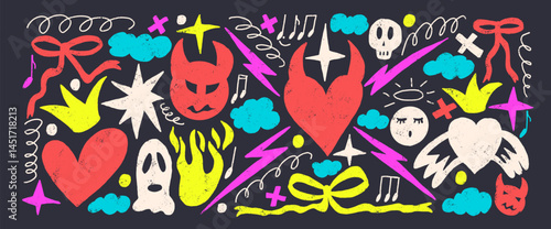 funky breaking heart doodles set. Devil and angels crayon drawn background. Scribble grunge elements. Hearts, bows, clouds and sketch shapes. Vector illustration by pencil on black background.