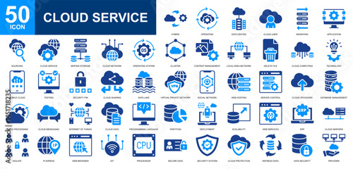 Cloud service icon set collection. Digital service, cloud compunting, programming, seo and web, cyber security icon. Simple glyph color vector.