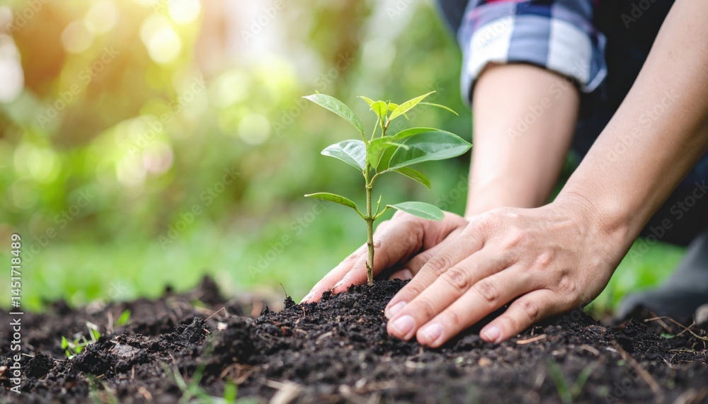 Fototapeta premium Planting a young sapling garden gardening action outdoor environment close-up view nature conservation concept