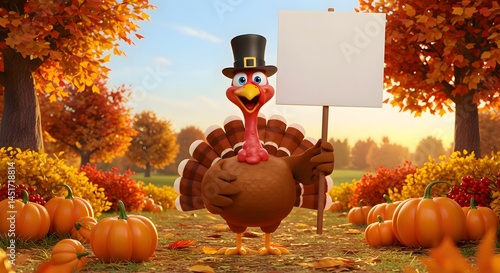 Cartoon Turkey Holding Sign in Fall Landscape