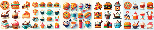 Cute Cartoon Fast Food and Drinks Vector Set – Pizza, Burger, Coffee, Dessert