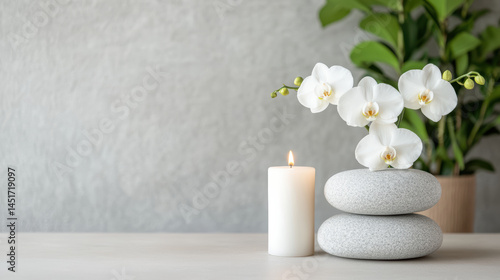 Elegant spa decor with white orchids, candles, and polished stones creates serene atmosphere