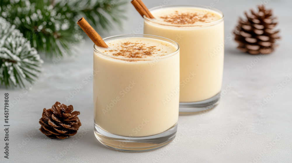 Creamy eggnog cocktail with cinnamon sticks and pinecones, perfect for winter celebrations Creamy eggnog cocktail with cinnamon sticks and pinecones, perfect for winter celebrations
