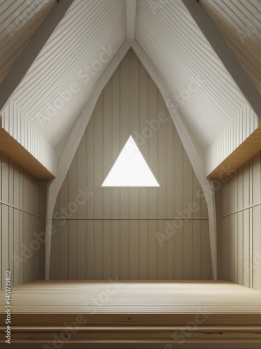 Empty minimalist attic room with triangular window and Scandinavian wood interior design