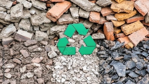 Recycled construction debris with a recycling symbol.  Various building materials like bricks, rocks, and asphalt are piled high, with a recycling symbol in the center