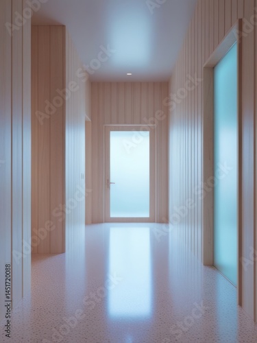Minimalist empty hallway with frosted glass door and light wood paneling