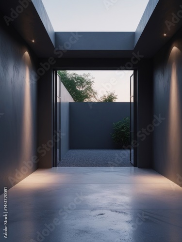 Minimalist empty hallway with skylight and modern concrete architecture design