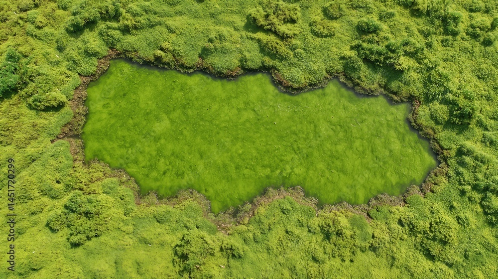 A layer of green algae spreads across the surface of a pond, creating a vivid, natural pattern from above.
A layer of green algae spreads across the surface of a pond, creating a vivid, natural pattern from above.