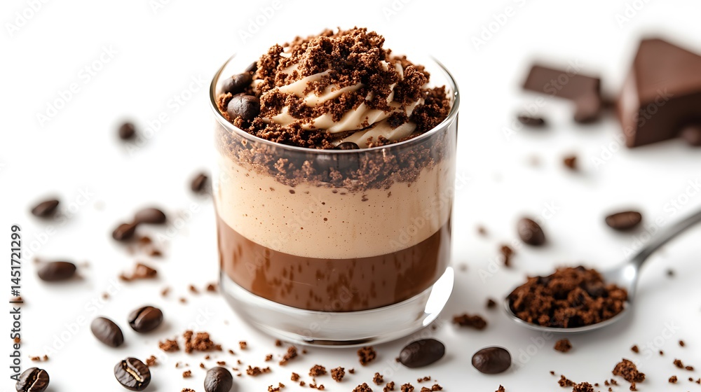 Delicious Chocolate Coffee Cream Dessert in Glass with Coffee Beans, White Background Delicious Chocolate Coffee Cream Dessert in Glass with Coffee Beans, White Background