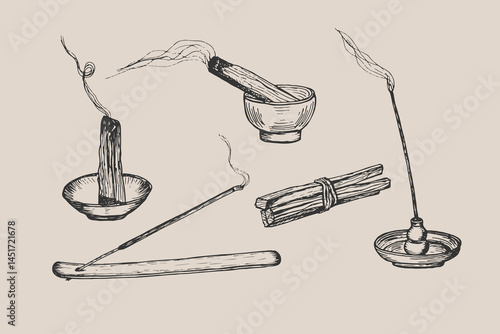 Palo santo stick, incense stick drawing illustration set. Fragrant aroma wooden incense burning stick sketch engraving style vector. Hand drawn line art clipart