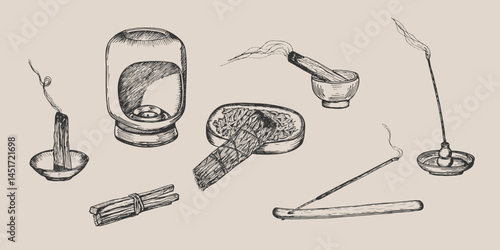 Aroma lamp, palo santo stick, incense stick, smudge stick drawing illustration set. Meditation, relaxation elements sketch engraving style vector. Hand drawn line art clipart