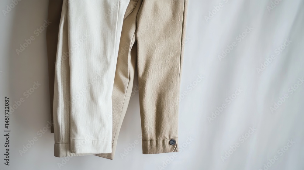 Two pairs of pants, cream and beige, hanging on a white wall Two pairs of pants, cream and beige, hanging on a white wall