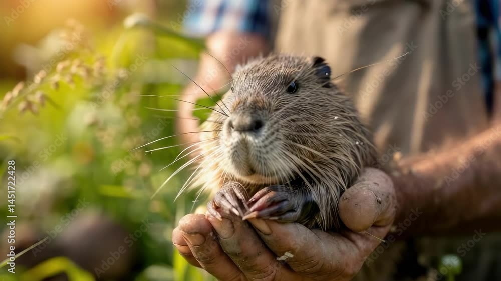 the farmer holds a nutria in his hands. Selective focus the farmer holds a nutria in his hands. Selective focus
