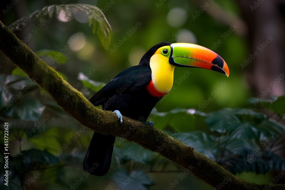 Fototapeta premium A beautiful toucan perched on a branch surrounded by lush green foliage in a tropical environment