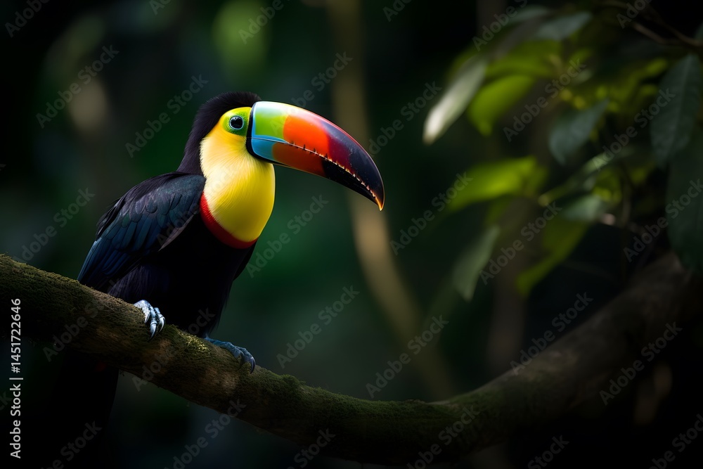 Fototapeta premium A toucan perched on a branch with its colorful beak facing right in a lush tropical forest setting