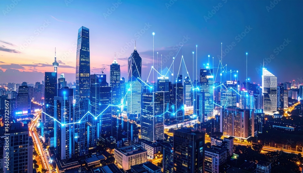 Fototapeta premium Dynamic urban landscape with digital trends at dusk city skyline high-quality image modern environment aerial view technology concept