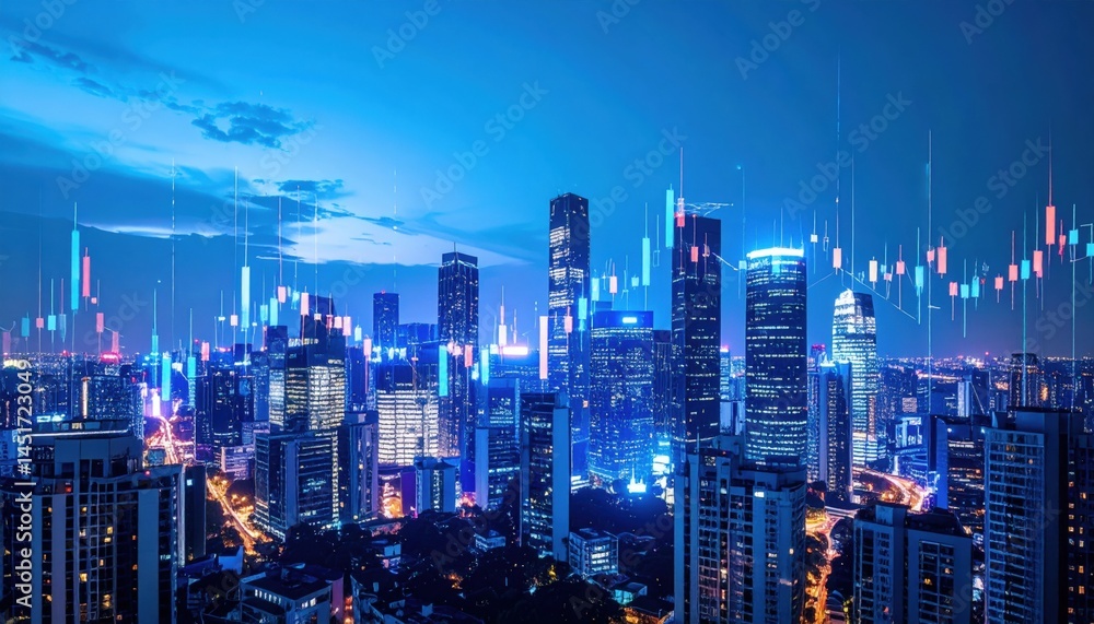 Analyzing urban financial trends nighttime cityscape data visualization skyscrapers technology digital environment aerial view Analyzing urban financial trends nighttime cityscape data visualization skyscrapers technology digital environment aerial view