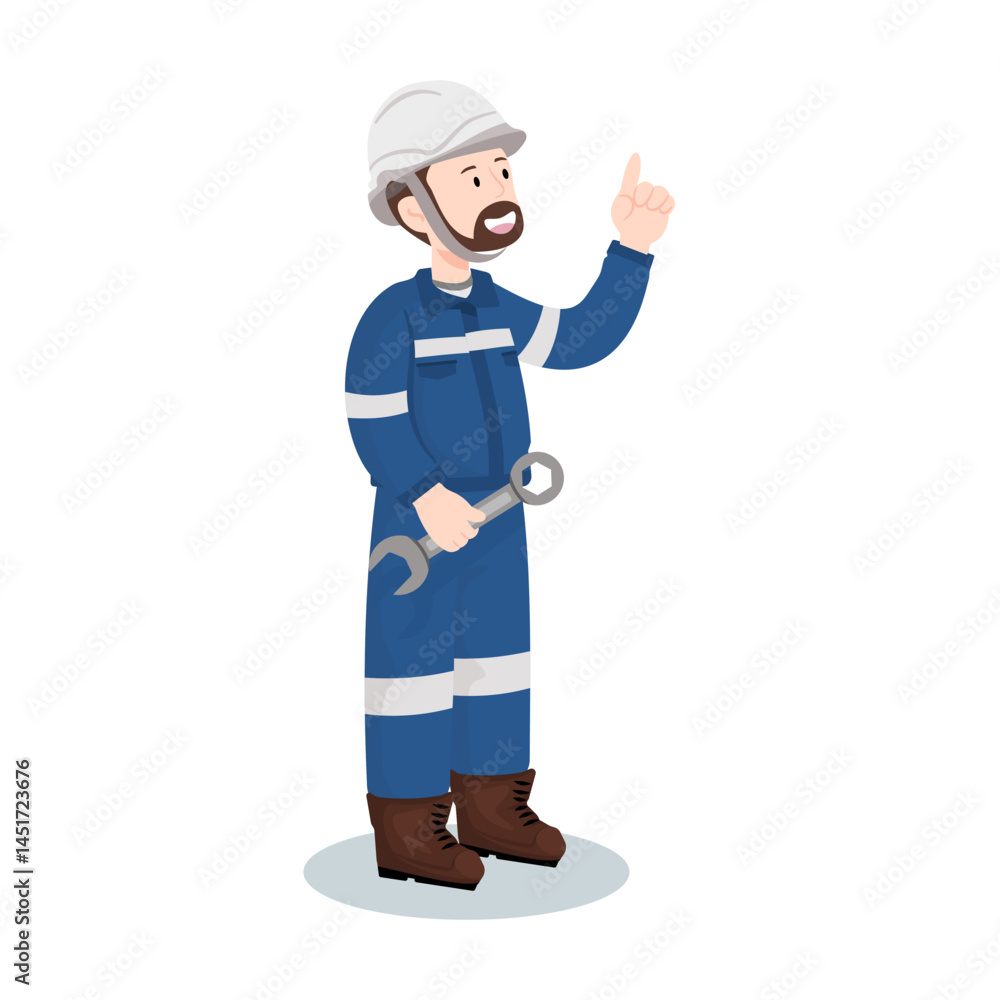 Industrial engineer in safety uniform holding wrench and pointing up, ideal for workplace and safety concept. Vector illustration isolated on white background. Industrial engineer in safety uniform holding wrench and pointing up, ideal for workplace and safety concept. Vector illustration isolated on white background.
