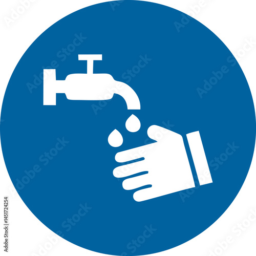 blue circular safety sign with white handwashing symbol indicating hygiene and cleanliness requirement