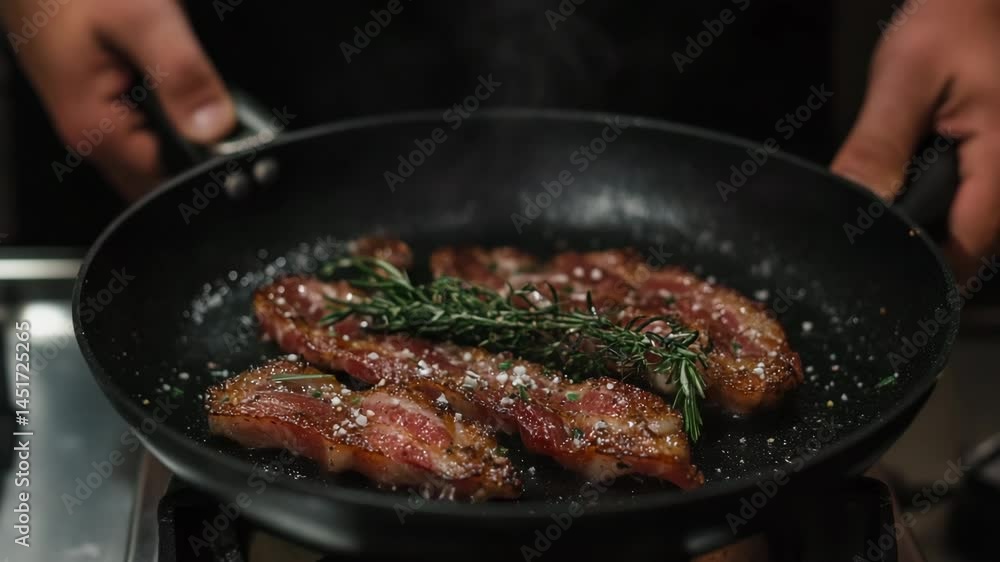 black frying pan with meat, pork, beef, bacon black frying pan with meat, pork, beef, bacon
