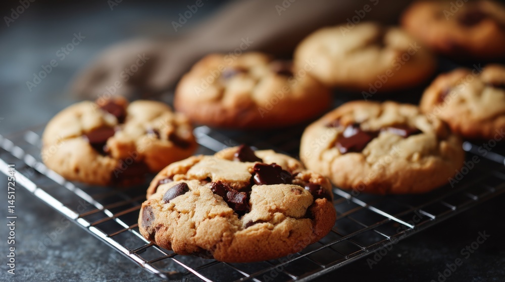 Delicious chocolate chip cookies on a wire rack Delicious chocolate chip cookies on a wire rack