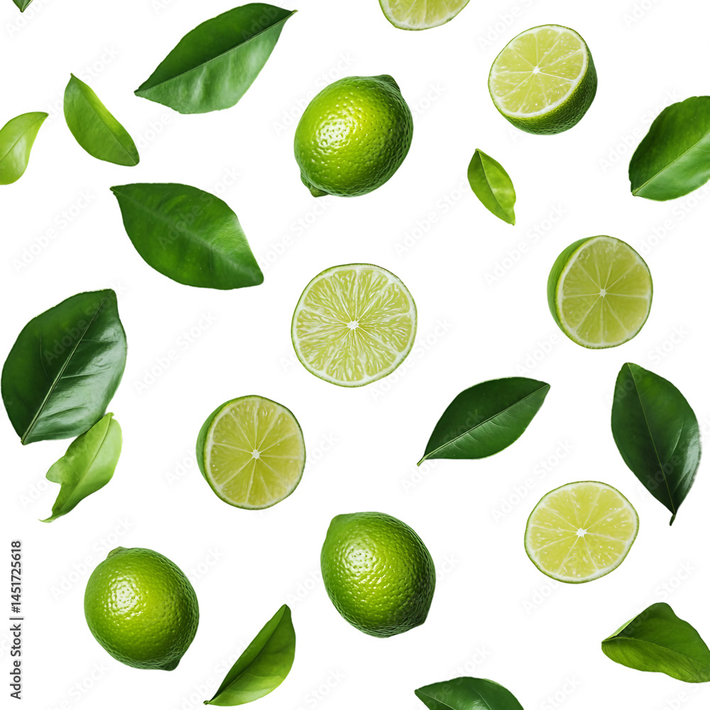Green limes with half slice and green leaves isolated on background Green limes with half slice and green leaves isolated on background
