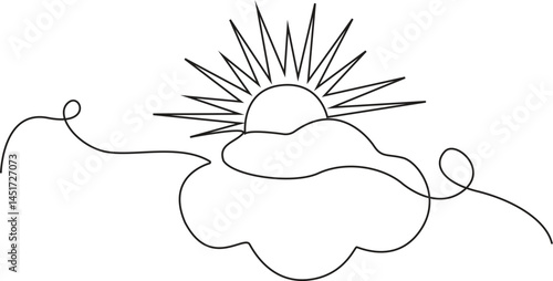 continuous one line sun and clouds, sun behind cloud simple drawings in one line drawing, vector illustration.
