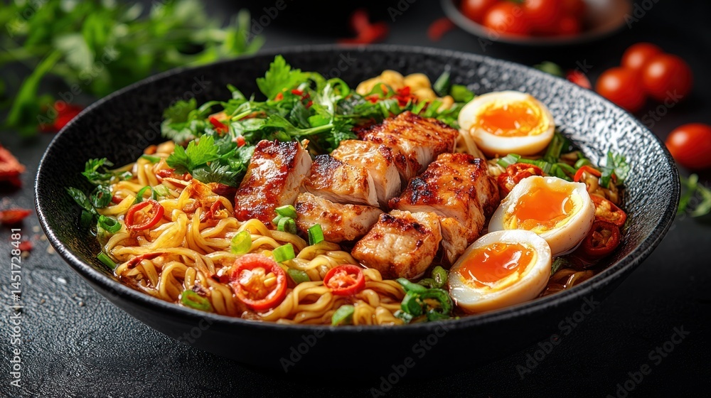 Delicious ramen bowl with grilled fish, eggs, and vegetables Delicious ramen bowl with grilled fish, eggs, and vegetables