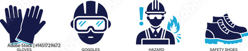 Flat vector icons for workplace safety, protection equipment, and hazard prevention.