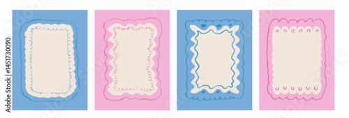 Scallop text boxes frames pencil hand drawn set. Wavy groovy rectangle pictures borders by crayon background. Wobbly y2k decorative callouts elements. Vector retro doodle blank illustration.