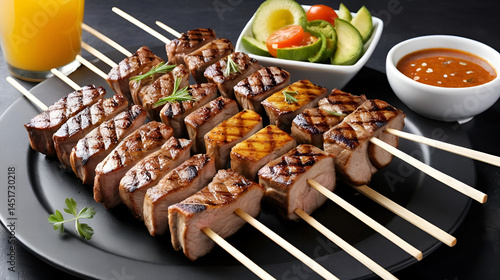 A pock menu, food, BBQ, grilled pork, pock on sticks, steak, raw pock