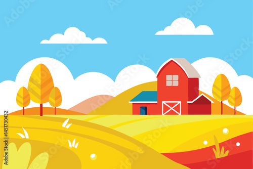 A colorful red barn stands amidst yellow fields and autumn trees beneath a sunny sky