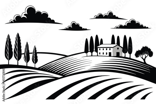 A monochrome country landscape features a house on a hill amongst trees under cloudy skies