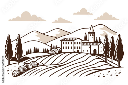 A sketched Tuscan countryside presents charming buildings amid rolling hills and cypress trees