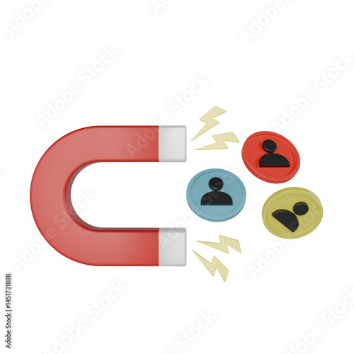 3d render magnet and people icon. social media attraction illustration concept