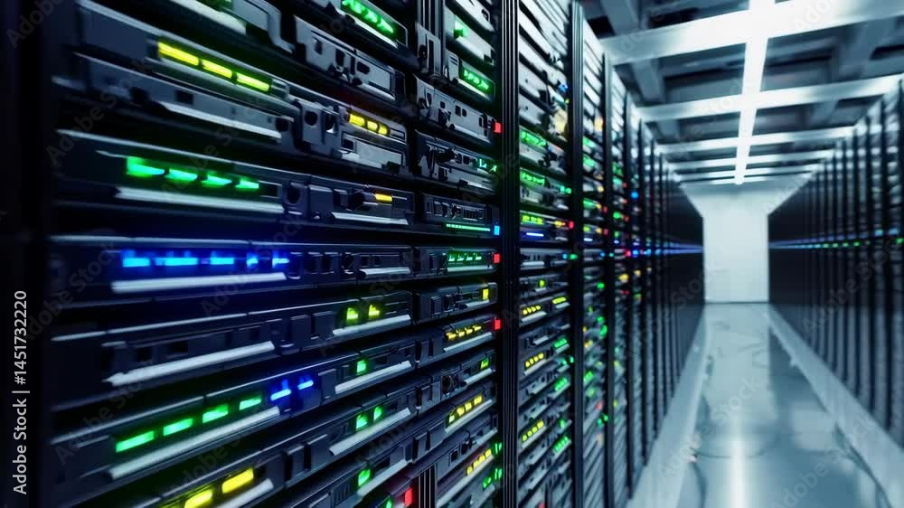 Futuristic data center with vibrant led lights and endless rows of advanced servers Futuristic data center with vibrant led lights and endless rows of advanced servers