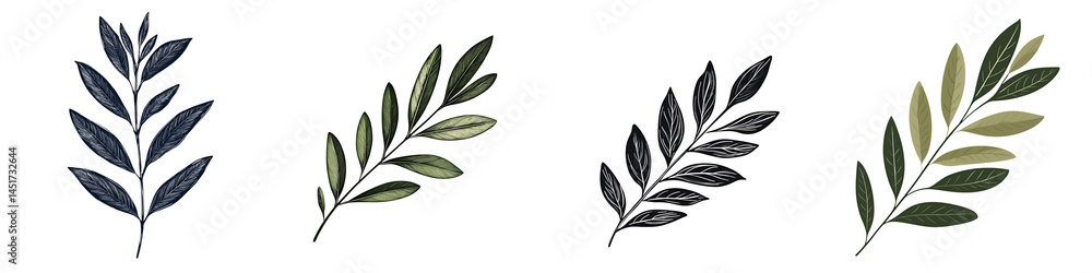 Elegant botanical leaves in a minimalist design. long_title:A collection of stylized, monochrome botanical leaves and branches showcased in a Elegant botanical leaves in a minimalist design. long_title:A collection of stylized, monochrome botanical leaves and branches showcased in a