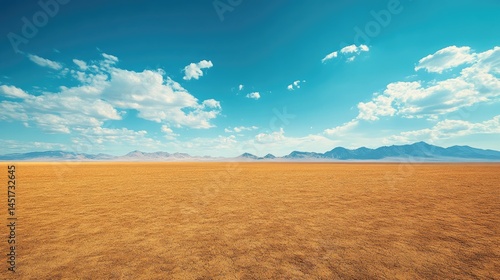 Expansive desert landscape under a vibrant blue sky.