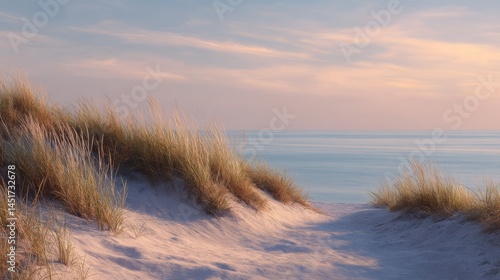 Fototapeta Naklejka Na Ścianę i Meble -  Serene beach landscape with sand dunes and golden grasses at sunset