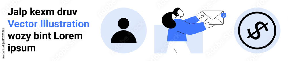 Woman passing an envelope, user profile icon, and dollar symbol representing communication, transactions, user engagement, team collaboration, business strategy, financial exchange, and simple Woman passing an envelope, user profile icon, and dollar symbol representing communication, transactions, user engagement, team collaboration, business strategy, financial exchange, and simple