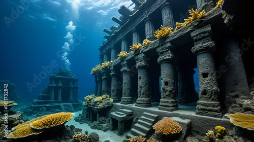 Underwater volcanic ruins, petrified structures, hydrothermal vents, deep sea creatures, dramatic lighting through ocean depths