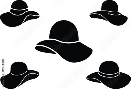 Sun hat vector silhouettes - 5 floppy outlines, EPS JPEG PNG for summer