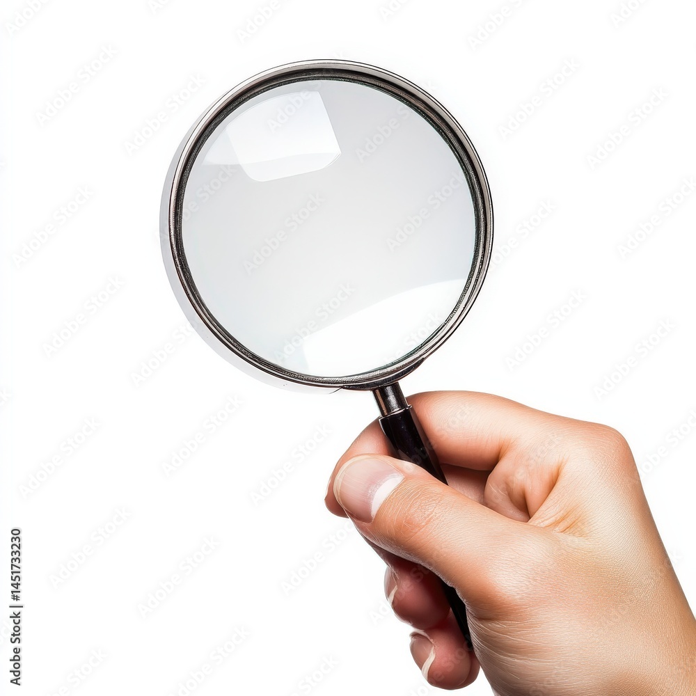 A hand is securely holding onto a magnifying glass against a white background A hand is securely holding onto a magnifying glass against a white background