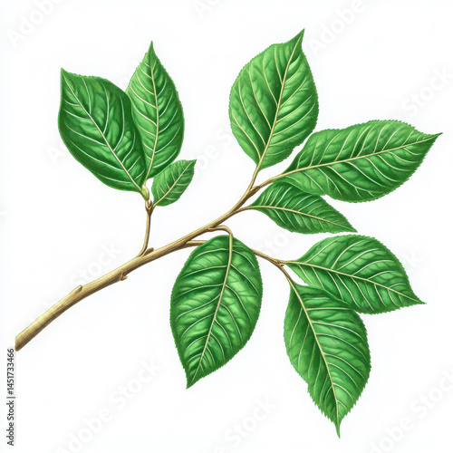 Green leaves on a branch illustration on white background