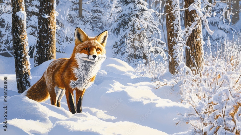 Fototapeta premium A red fox is illustrated amidst a snowy forest, featuring its striking red fur against the pristine white snow and tall, frosted trees.