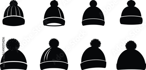 Bobble hat vector silhouette set – 8 cozy knit designs, EPS JPEG PNG