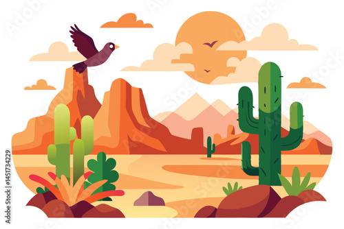 Bird takes flight in a vivid desert landscape under the warm sunlight against a white background